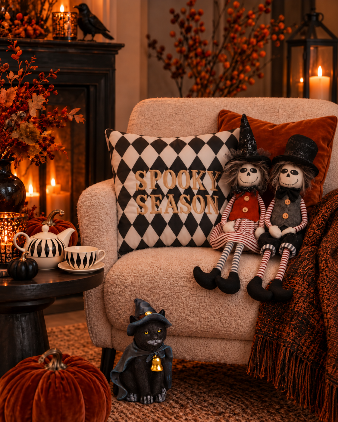Theeservies spiraalpatroon 3-delig porselein wit zwart, gestyleerd in Halloween decoratie sfeer