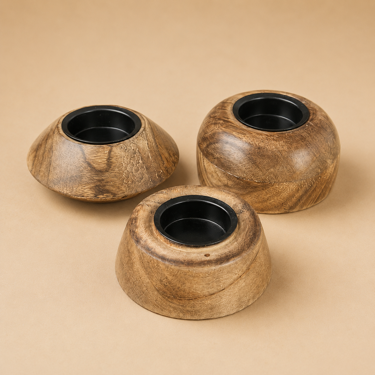 Waxinelichthouders van mangohout – set van 3