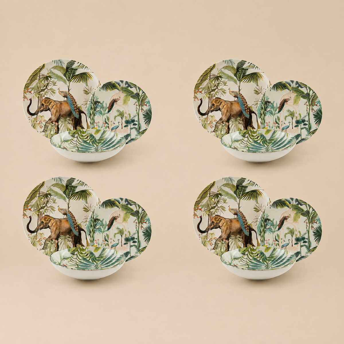 Serviesset Jungle Fever 12-delig - tropisch motief met olifanten en pauwen