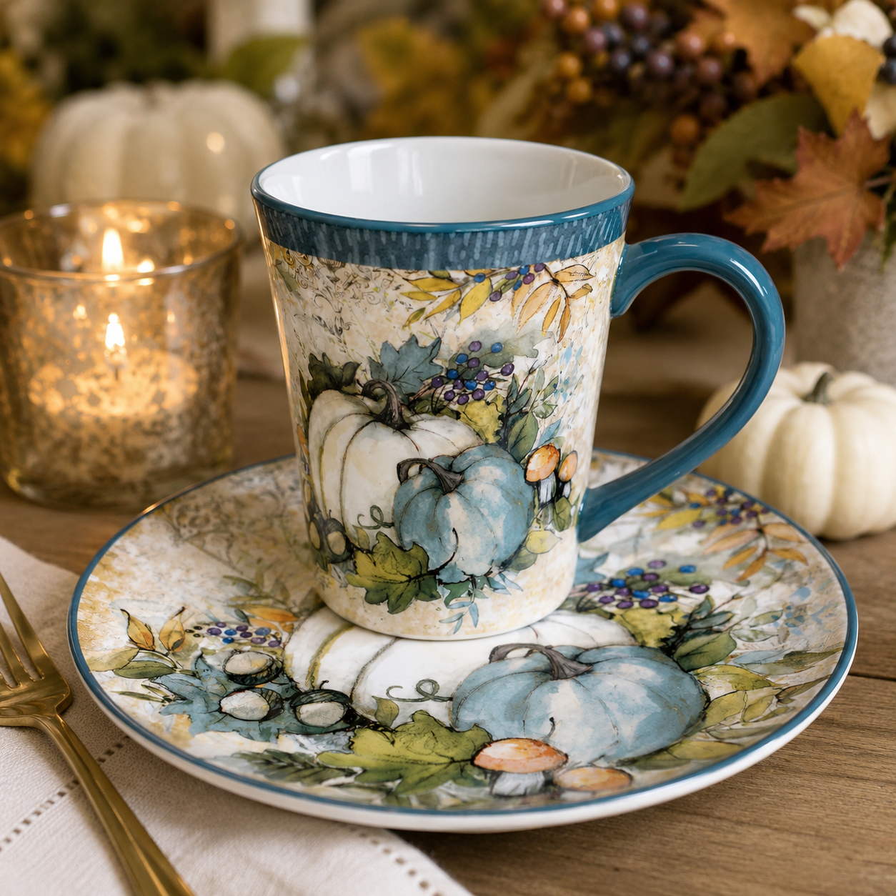 Harvest Gatherings Mok met herfstpompoenen en blauwe rand op bijpassend schoteltje
