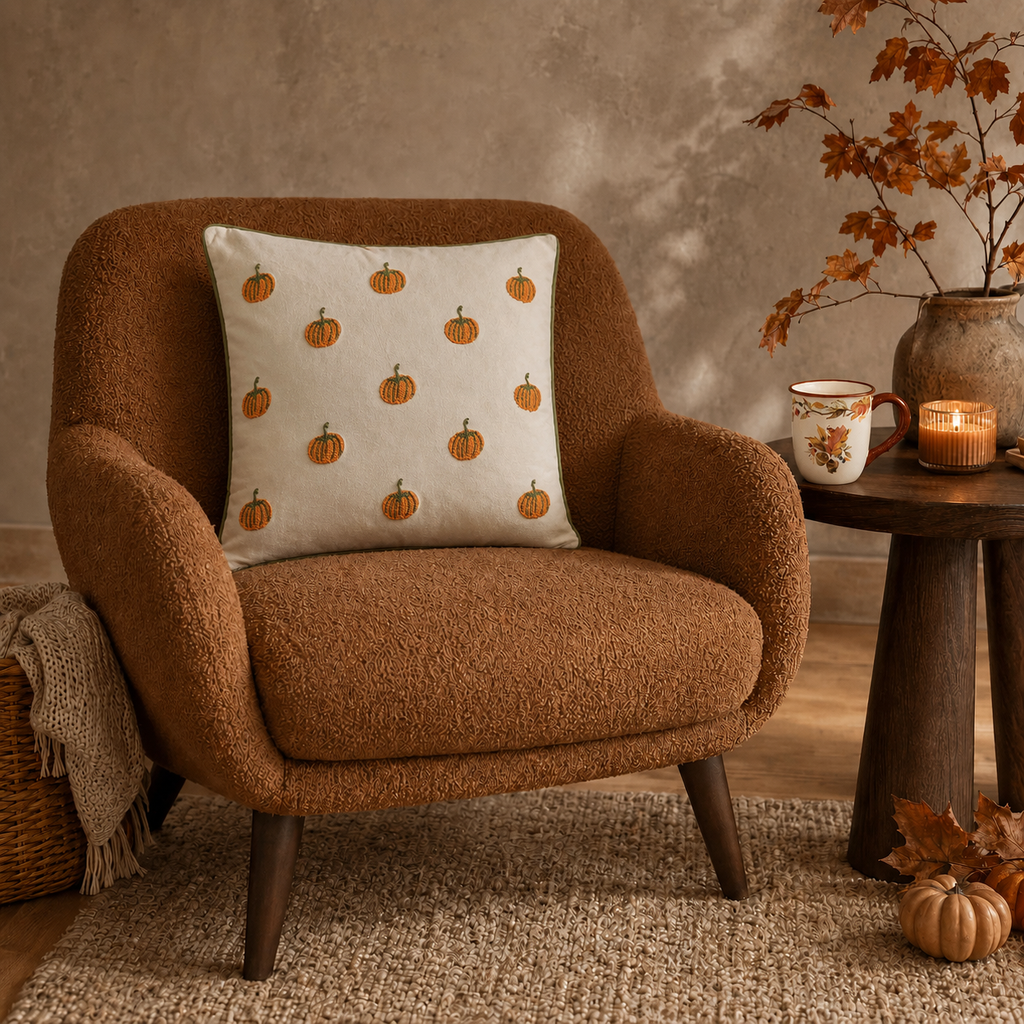 Kussenhoes Pumpkin Patch met geborduurd pompoenpatroon op een crèmekleurige stoel