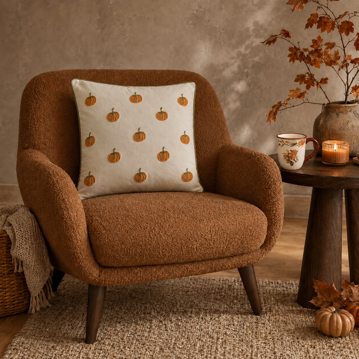 Kussenhoes Pumpkin Patch met geborduurd pompoenpatroon op een crèmekleurige stoel