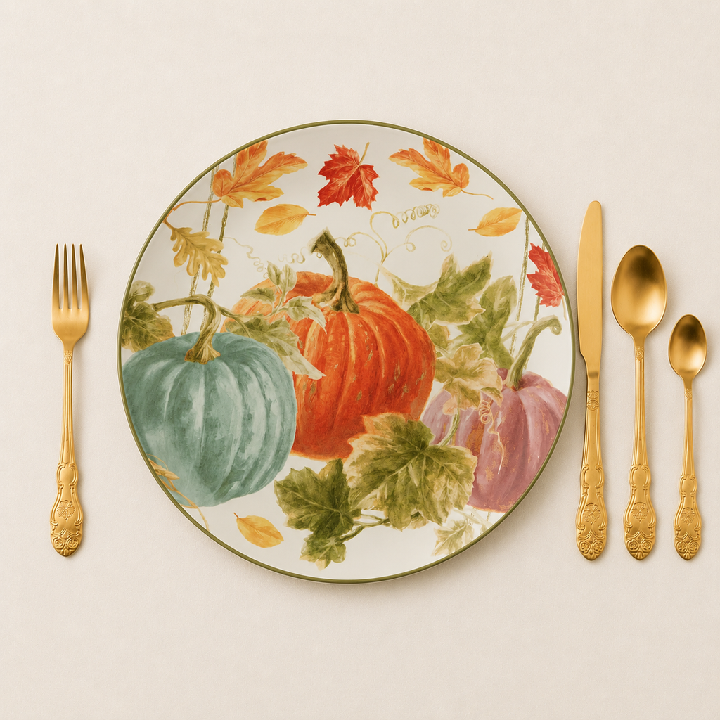 Dinerbord Sweet Autumn 28 cm met pompoen en herfstbladeren design