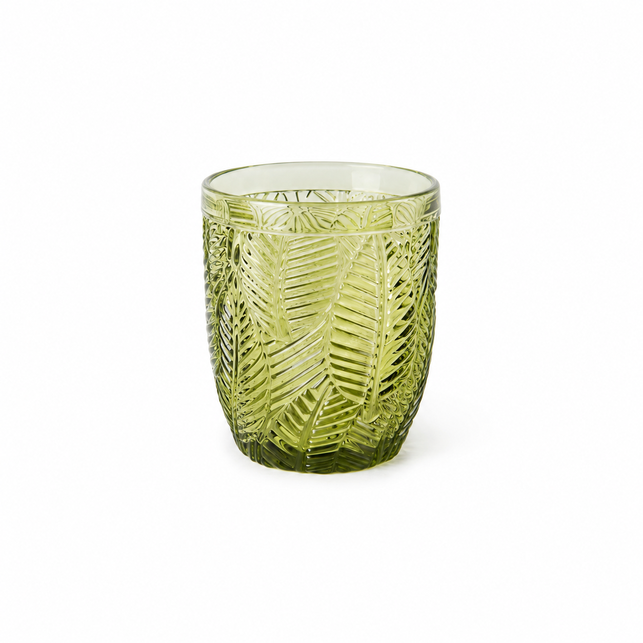 Waterglas olijfgroen met bladmotief